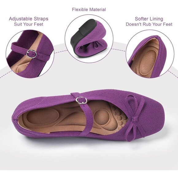 Women Deep Purple Fabric Upper And Rubber Sole Ballet Flats With Ankle Strap - Picture 3 of 7